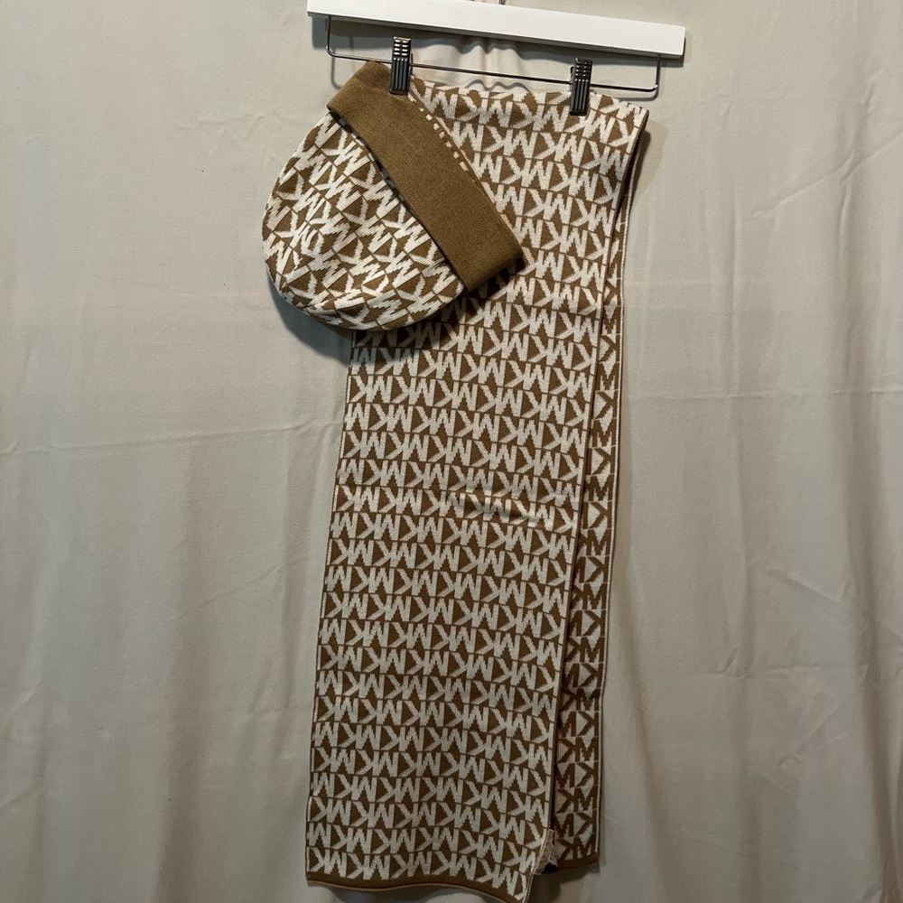 KORS Michael Kors Brown and Cream Monogram Scarf & Hat Set